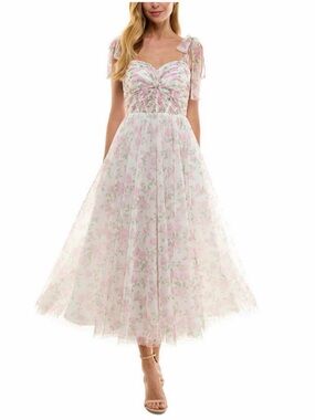 Seni & Cade pink floral midi dress with ruched bodice and tulle skirt